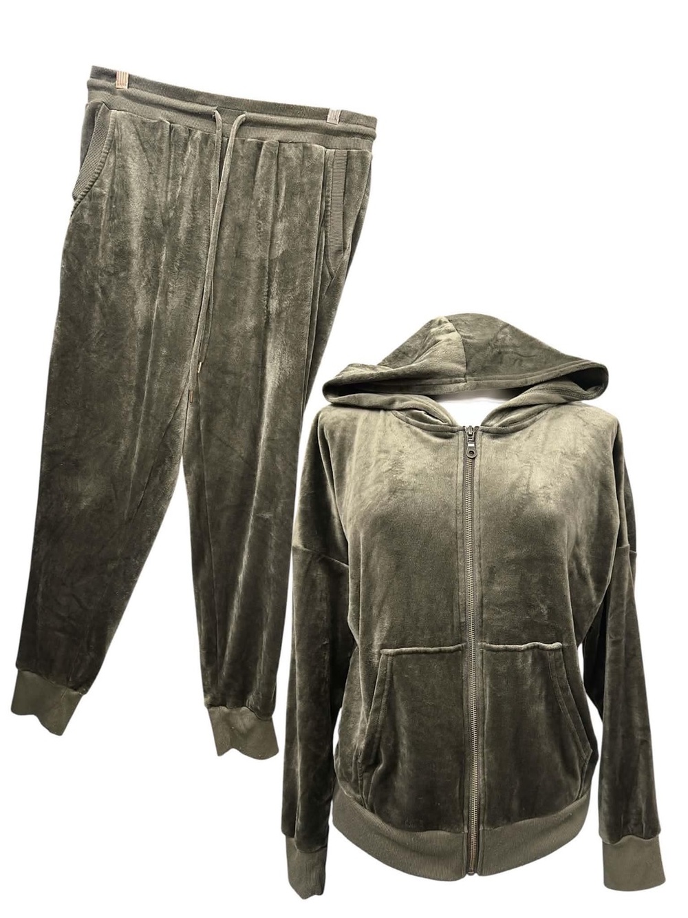 Black Bow Velour Zip Hoodie & Drawstring Joggers Set - Olive Size L